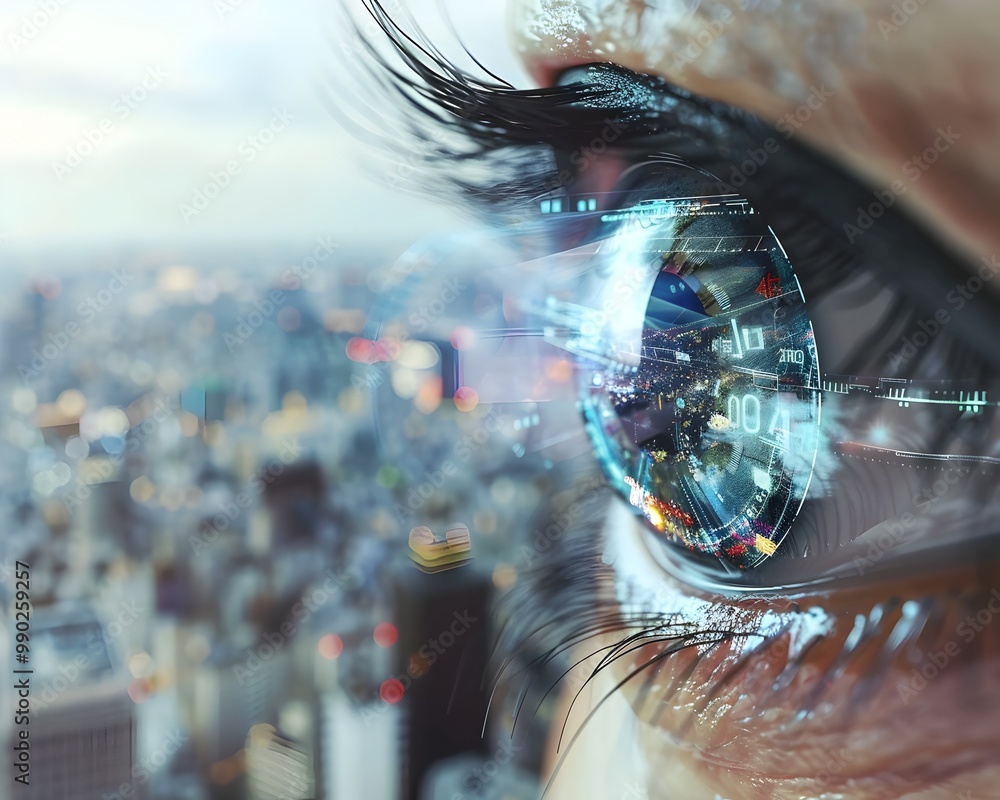 Poster bionic eye displaying real time augmented language translations for global traveler on city skyline 
