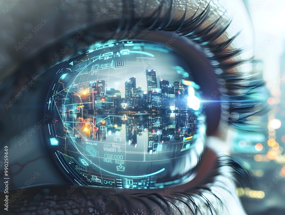 Poster bionic eye reflecting futuristic cityscape with data readouts conceptual ai powered vision technolog