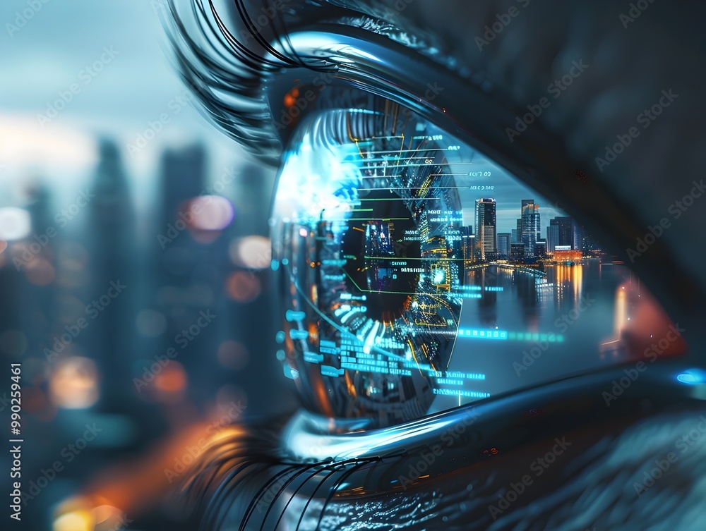 Aufkleber futuristic cityscape reflected in bionic eye with data readouts
