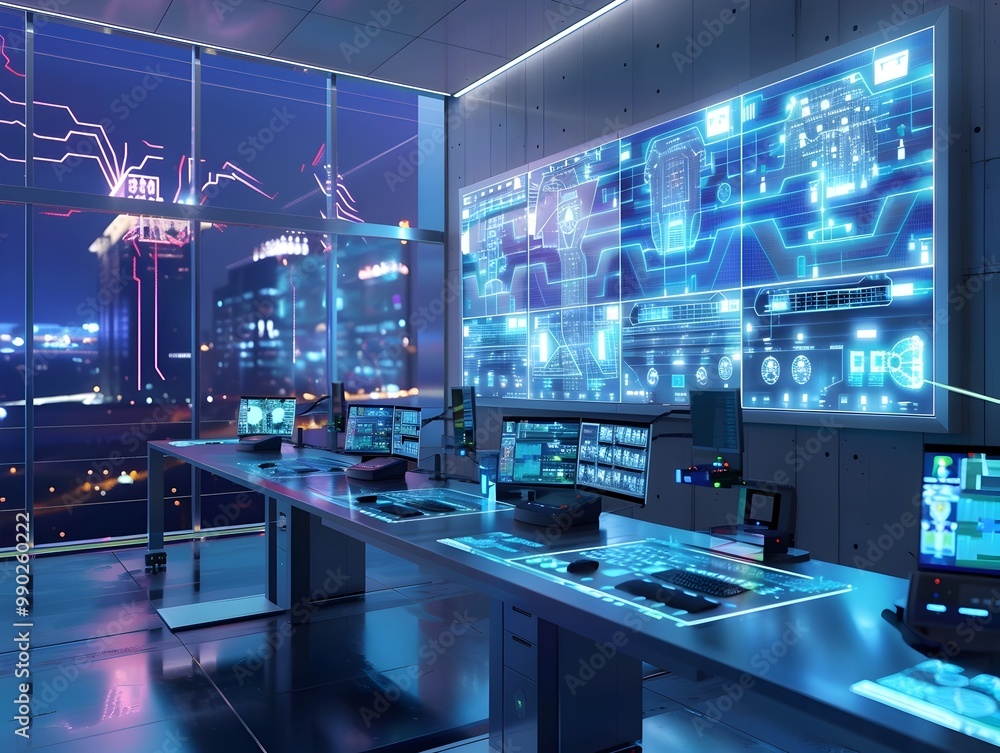 Poster high tech control room monitoring smart grid energy flows in real time