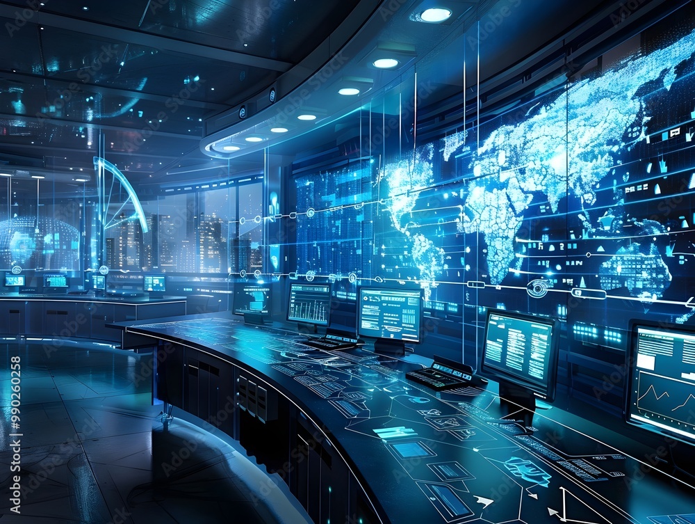 Poster high tech smart grid control room with holographic energy monitoring and analytics