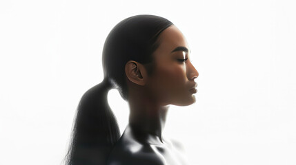 Beautiful modern portrait of a young woman in profile in backlit studio light on a white background. Future technology concept