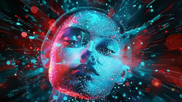 Human face transforms into a hologram with red and blue lights, showcasing futuristic technology and innovation