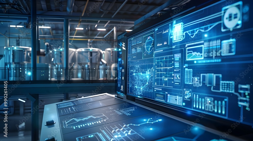 Poster futuristic smart grid console enabling remote monitoring and control of power plants