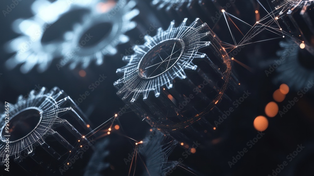 Poster digital polygonal mesh with dots, lines, and shapes of abstract modern 3d gear wheels in dark backgr