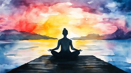 Silhouette of a Person Meditating on a Dock at Sunset.