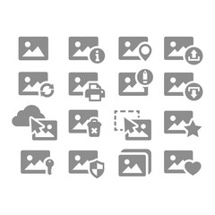 Picture, photo file download and upload vector icon set. Image, stared and hearted, refreshing and deleting icons.