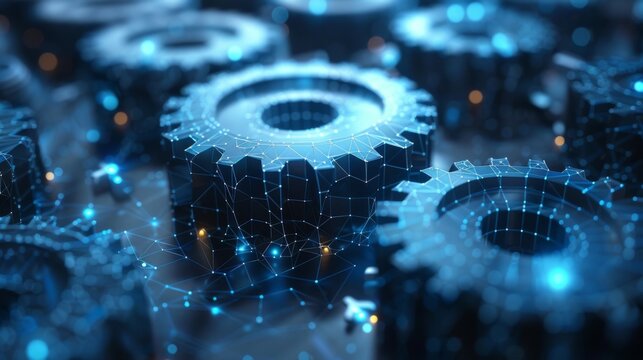 Digital gears meshing seamlessly in a neon blue technological backdrop, symbolizing modern business dynamics and innovation.