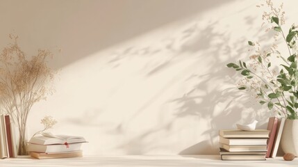 education reading book YouTube banner wallpaper white vintage brown pastel background with books and plants, flowers and sticks natural light AI Generated