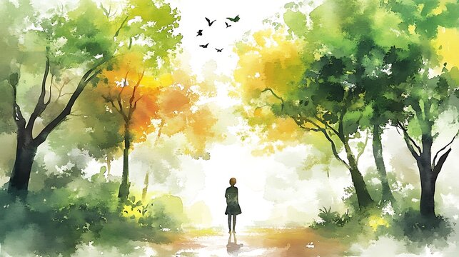 Watercolor Painting of a Woman Walking Through a Forest.