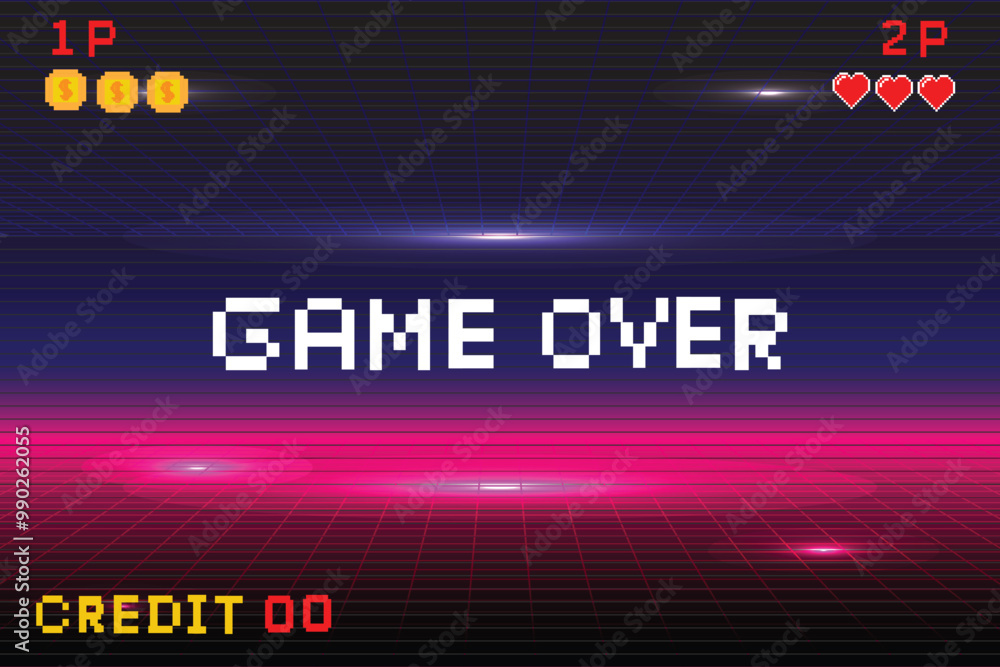 Leinwandbilder game over. Pixel art background.8 bit game. retro game. for game assets in vector illustrations. Retro Futurism Sci-Fi Background. glowing neon grid. and stars from vintagsynwap table1  start new game