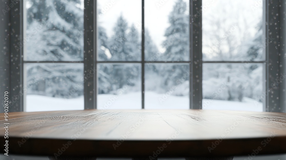 Poster empty table and winter window in background