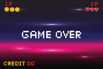 game over. Pixel art background.8 bit game. retro game. for game assets in vector illustrations. Retro Futurism Sci-Fi Background. glowing neon grid. and stars from vintagsynwap table1  start new game
