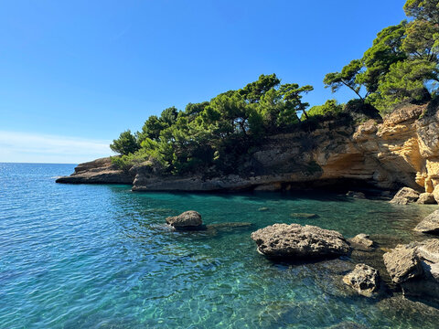 Sea cove with turquoise water and rocks amazing nature in Montenegro Adriatic coast.