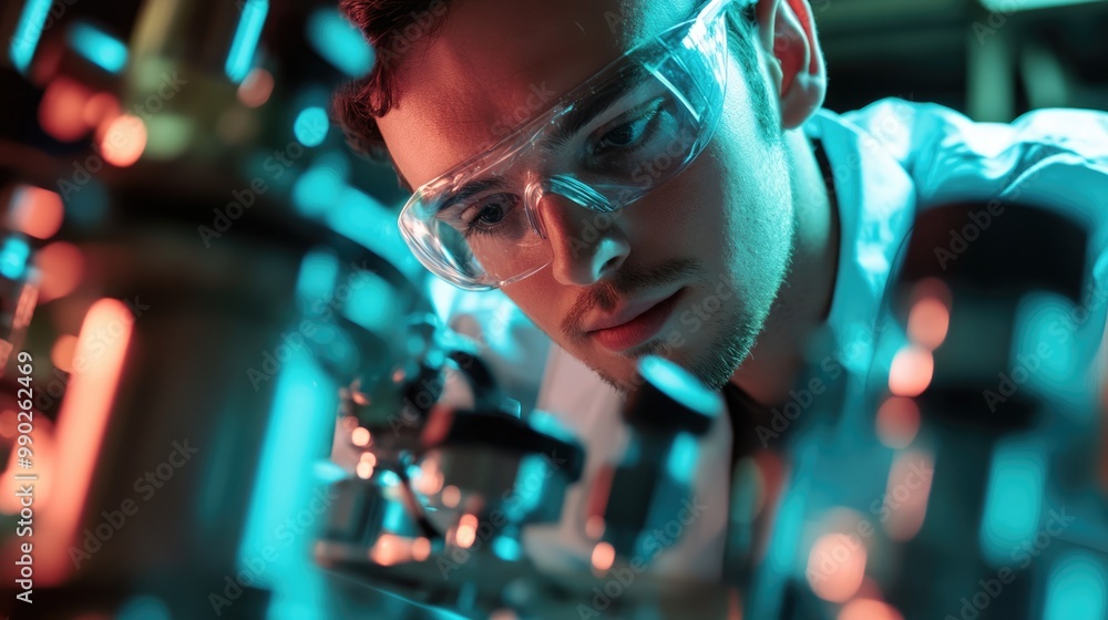Poster a focused scientist working with a microscope