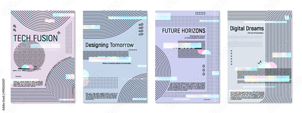 Poster Futuristic glitch poster template, cover geometric background. Set of vector vertical cards featuring tech and digital innovation, showcase blend of technology and creativity for modern presentations