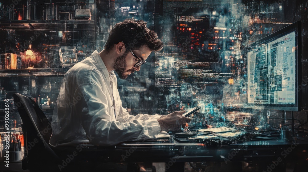Poster generative ai collage photo of professional it specialist using device writing code computer network