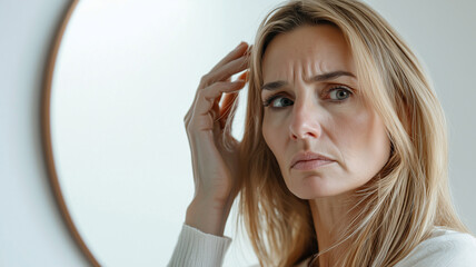 Obraz premium Middle-Aged Woman Experiencing Despair and Discomfort from Skin Discoloration While Looking in the Mirror..