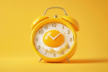 A yellow alarm clock made of fried egg on a bright background