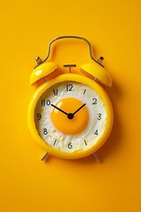 A yellow alarm clock made of fried egg on a solid background
