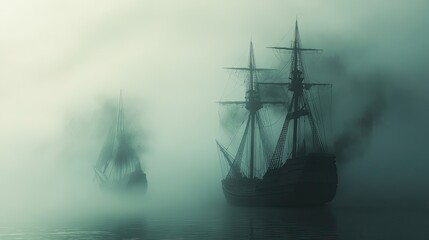 Fototapeta premium Two Ships Sail Through Dense Fog in a Mysterious Ocean
