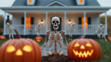 Obraz premium Halloween skeleton decoration in front of a spooky house.