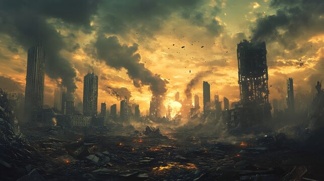 Dystopian Futuristic Metropolis Ruins with Smoky Skies Backdrop