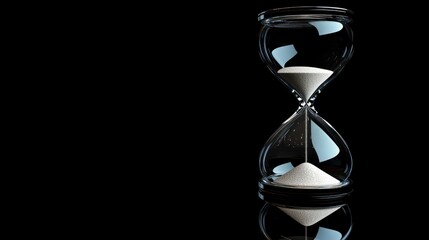 Hourglass on a black background, shown in closeup view with copy space.