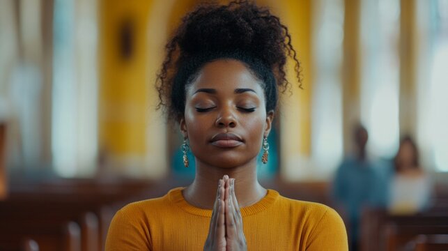 Black Woman Praying in Church. Sunday Service and Spirituality in Worship and Gratitude
