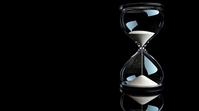 Hourglass on a black background, shown in closeup view with copy space.