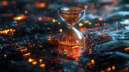Hourglass with glowing particles on a futuristic circuit board. Concept of time machine, data processing and network technology. Design for wallpaper, tech background, and conceptual art.