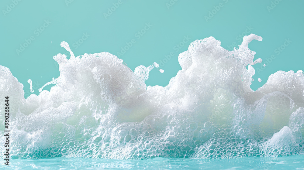 Poster bubbles and foam create dynamic and lively scene against light blue background, evoking sense of fre