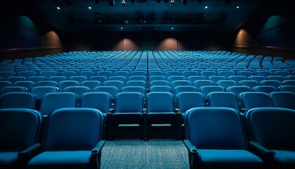 Rows of blue chairs in a modern auditorium, creating a formal and structured atmosphere for corporate meetings, lectures, or cultural events.
