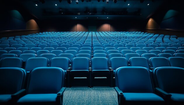 Rows of blue chairs in a modern auditorium, creating a formal and structured atmosphere for corporate meetings, lectures, or cultural events.
