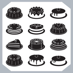 Set of cake silhouette, symbol of the cake holiday, birthday, anniversary, wedding, festive, Birthday cake icons set silhouette vector in white background