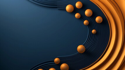 An abstract design featuring orange spheres and flowing lines on a dark blue background, creating a dynamic and modern visual effect.