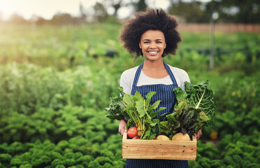 Farming, portrait and vegetables with woman in field for sustainability, environment and food...