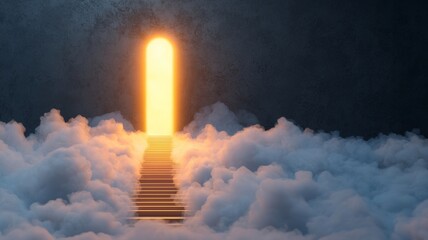 Obraz premium A glowing door rises above clouds, leading upward, symbolizing hope, new beginnings, and the journey to enlightenment.