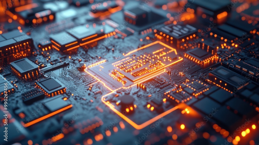 Poster microchip, surface zoom in, macro, tech, computer, it created with generative ai technology