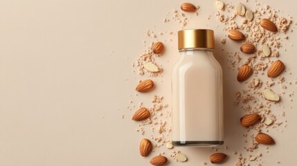A glass bottle filled with almond milk sits among scattered whole almonds and almond flour, all arranged on a smooth, beige surface creating a natural, inviting display