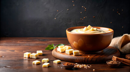 Creamy white chocolate mousse in a rustic brown bowl, surrounded by cubes of white chocolate on a wooden table.