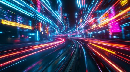 Cyberpunk Cityscape with Neon Light Trails - Made with Generative AI