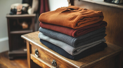 Obraz premium A neatly folded stack of warm sweaters in earthy tones, placed on a rustic wooden shelf, evoking a cozy autumn or winter vibe. 