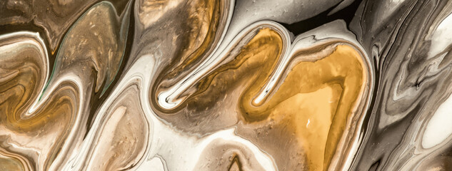 Abstract fluid art background beige and brown colors. Liquid marble. Acrylic painting with white lines and gradient.