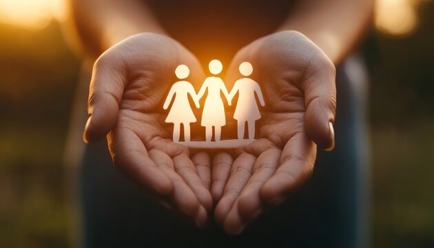 Paper cutout figures of a family being held in open hands, signifying care, togetherness, and the supportive bond of family relationships.