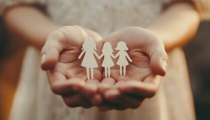 Hands holding paper cutouts of a family, symbolizing love, protection, and unity, representing the importance of family values and connections.