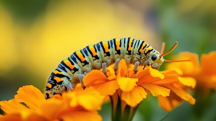 Vibrant Caterpillar on Bright Orange Marigold: Stunning Nature Close-Up for a Colorful Poster or Sporty Garden Interior D&eacute;cor