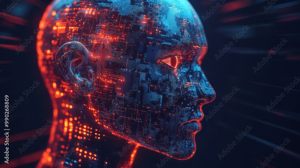 Poster realistic artificial intelligence. computer mind connections head. human head with circuit board ins