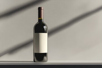 Fototapeta premium aesthetic photo of red wine bottle with blank white label mockup on gray studio background with shadows