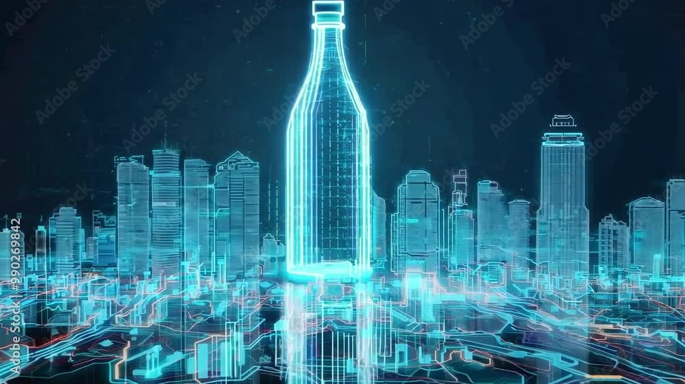 Poster futuristic smart city rendered with orange lines is emerging from an abstract technological backgrou